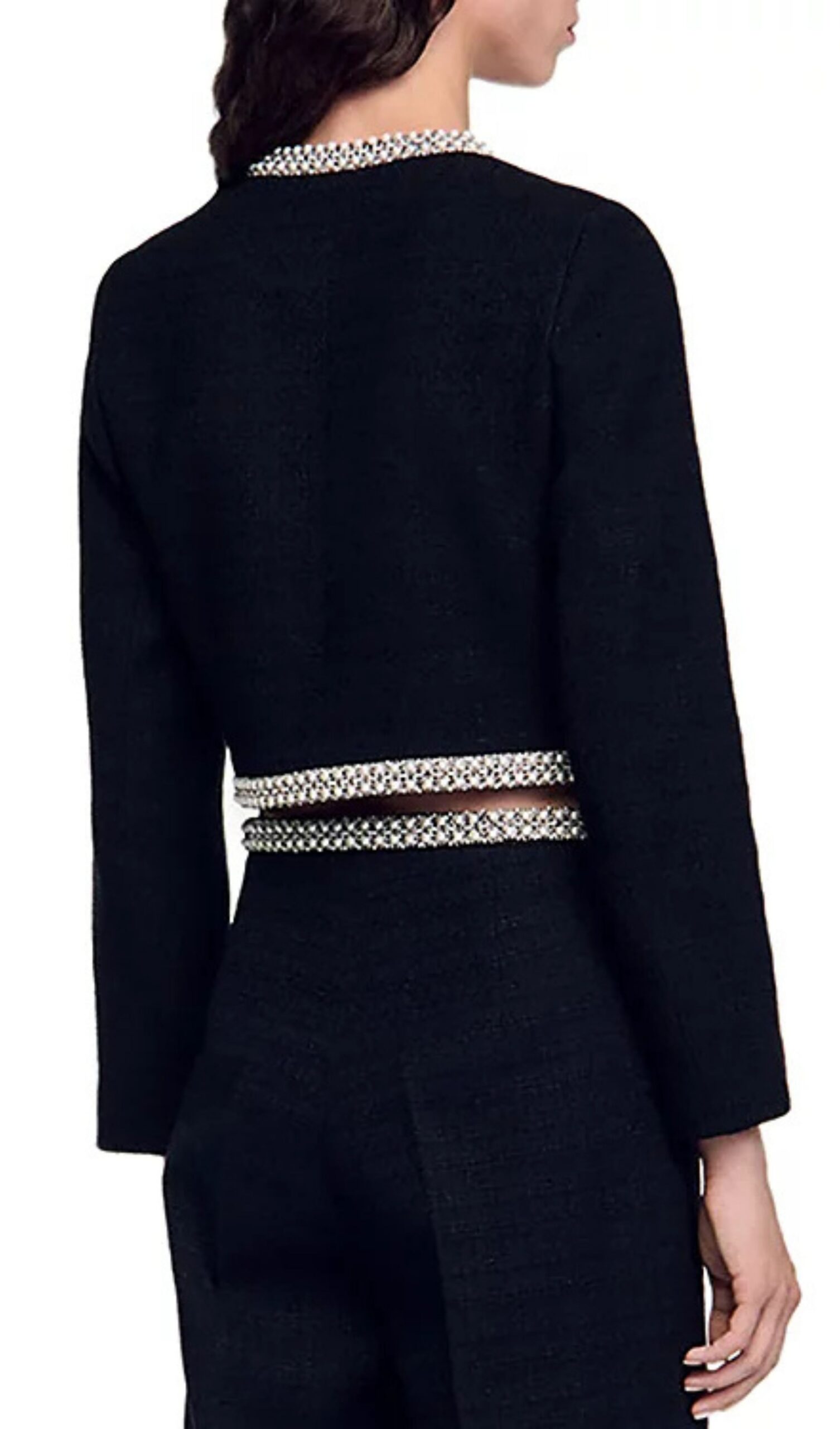 Fashionslee Women Bead Trim Cropped Tweed Jacket