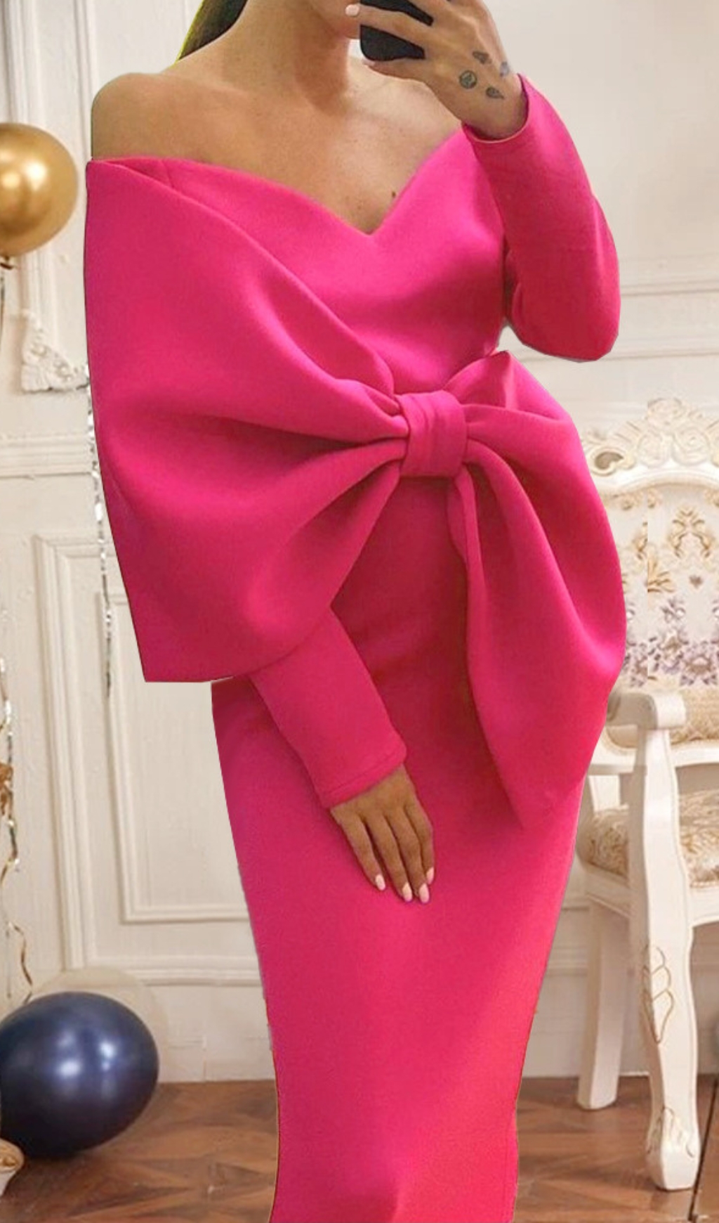Fashionslee Women Batan Pink Bow Long Sleeve Midi Dress