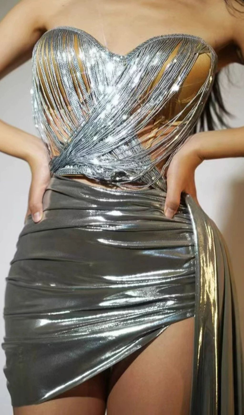 Fashionslee Women Haylia Silver Strapless Corset Sequin Two-Piece Set