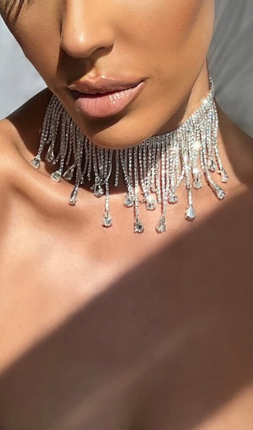 Fashionslee Women Silver Choker Diamante Tassel Necklace