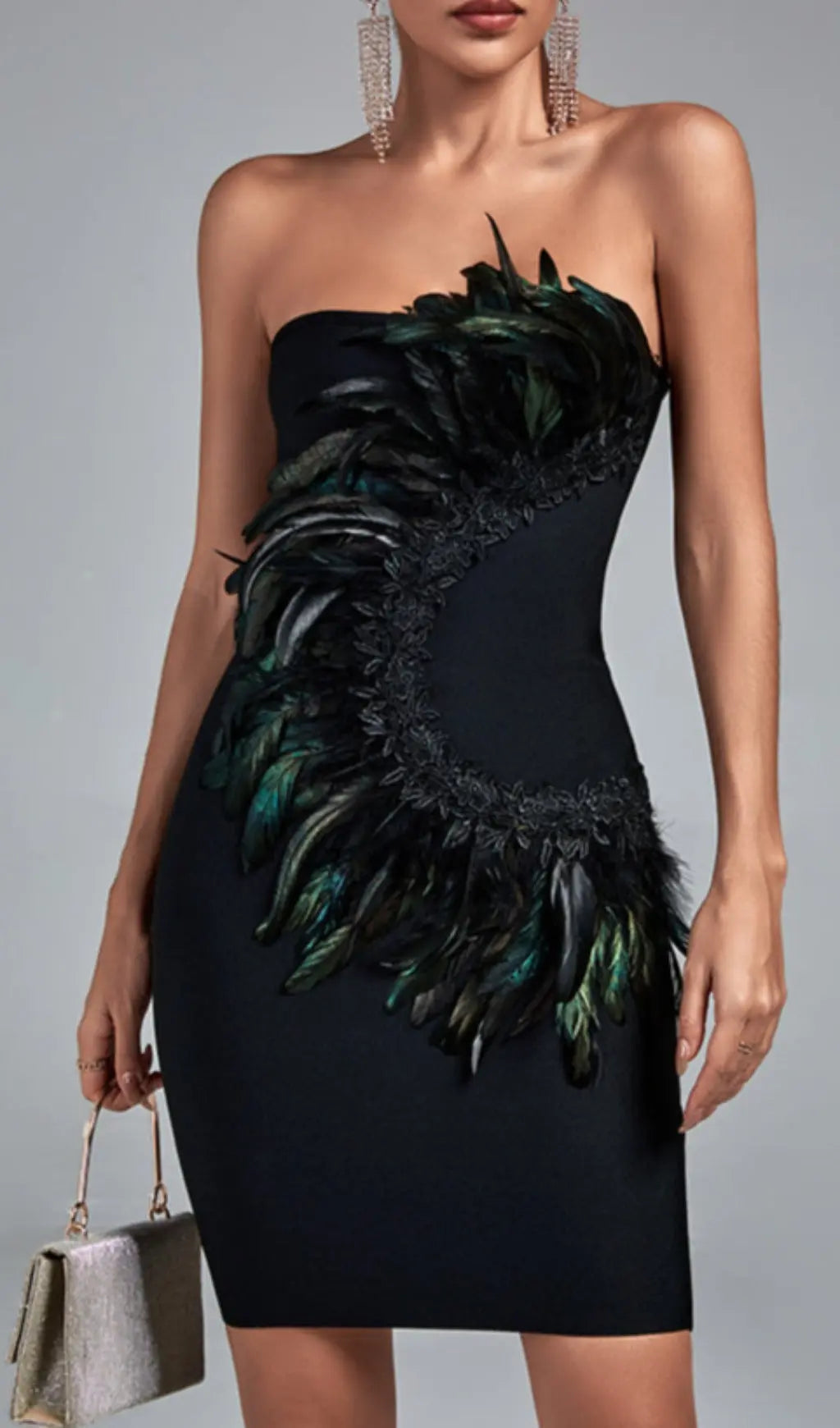 Fashionslee Women Black Strapless Feather Midi Bandage Dress