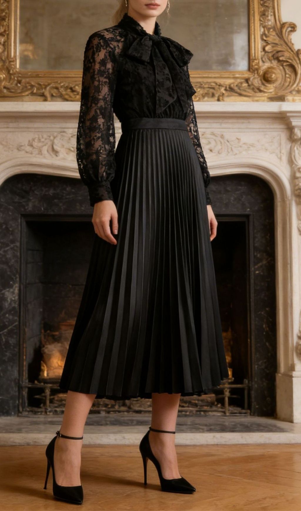 Fashionslee Women Kandy Black Long Sleeve Lace Pleated Midi Dress