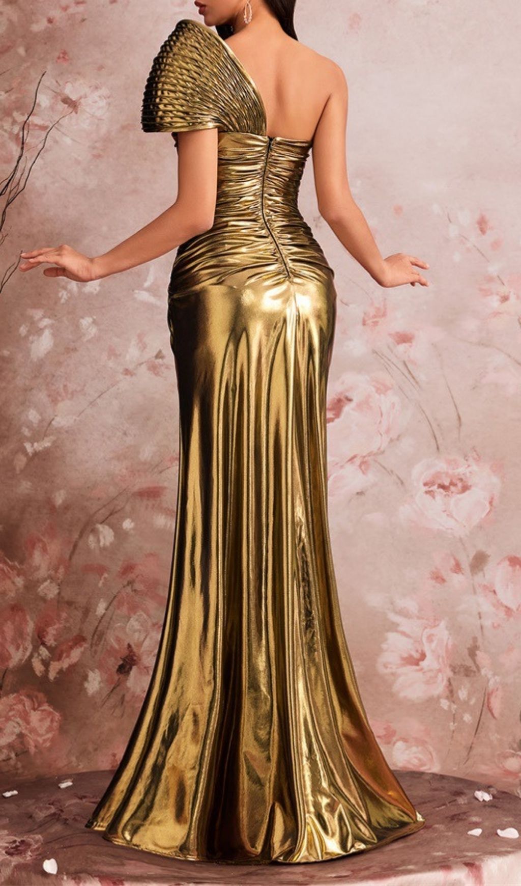 Fashionslee Women Ceinwen One Shoulder Ruched Metallic Maxi Dress