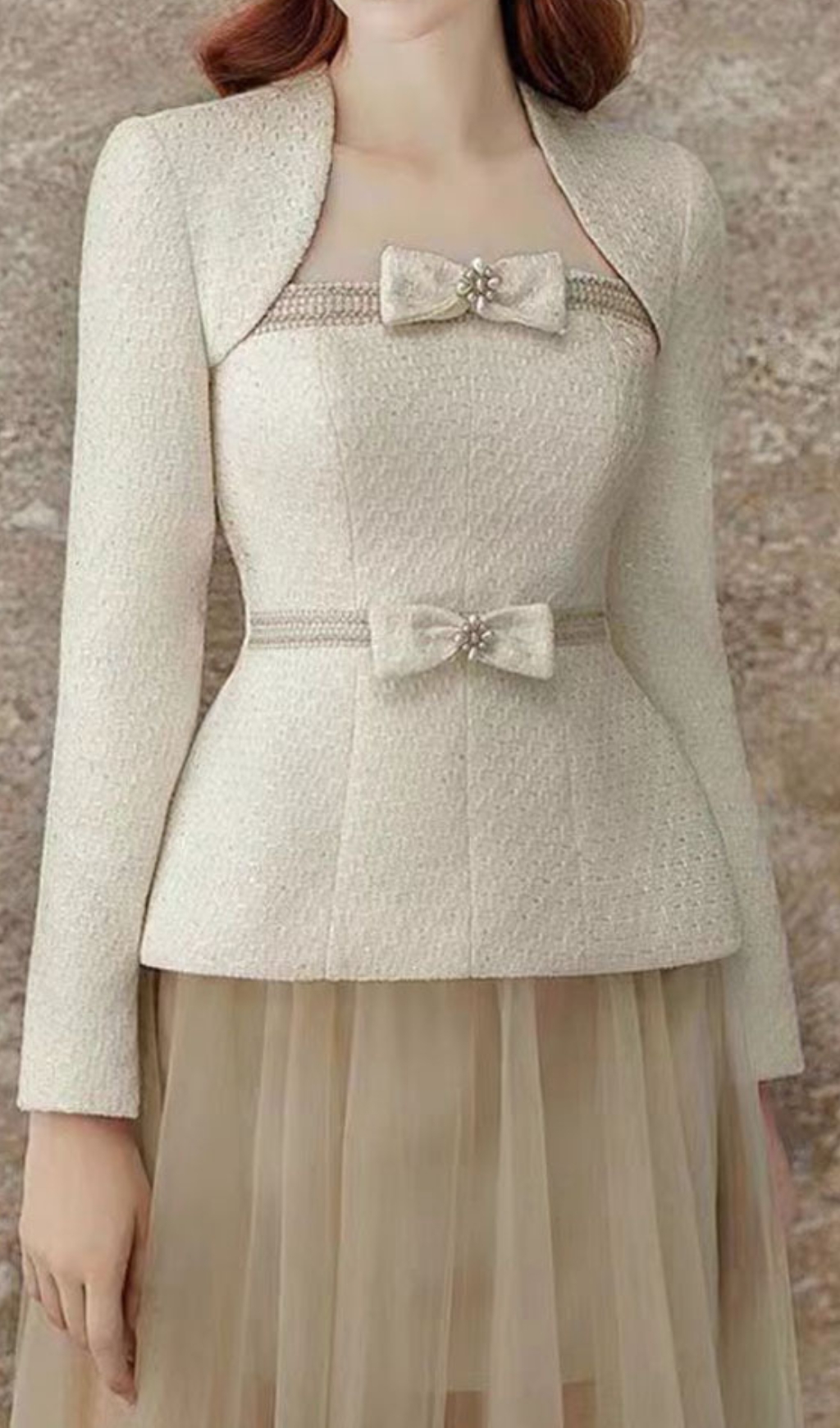 df716f9cc5805776ebbb2149b1b26481.jpg Fashionslee Women Cristy Long Sleeve Bow Mesh Skirt Set