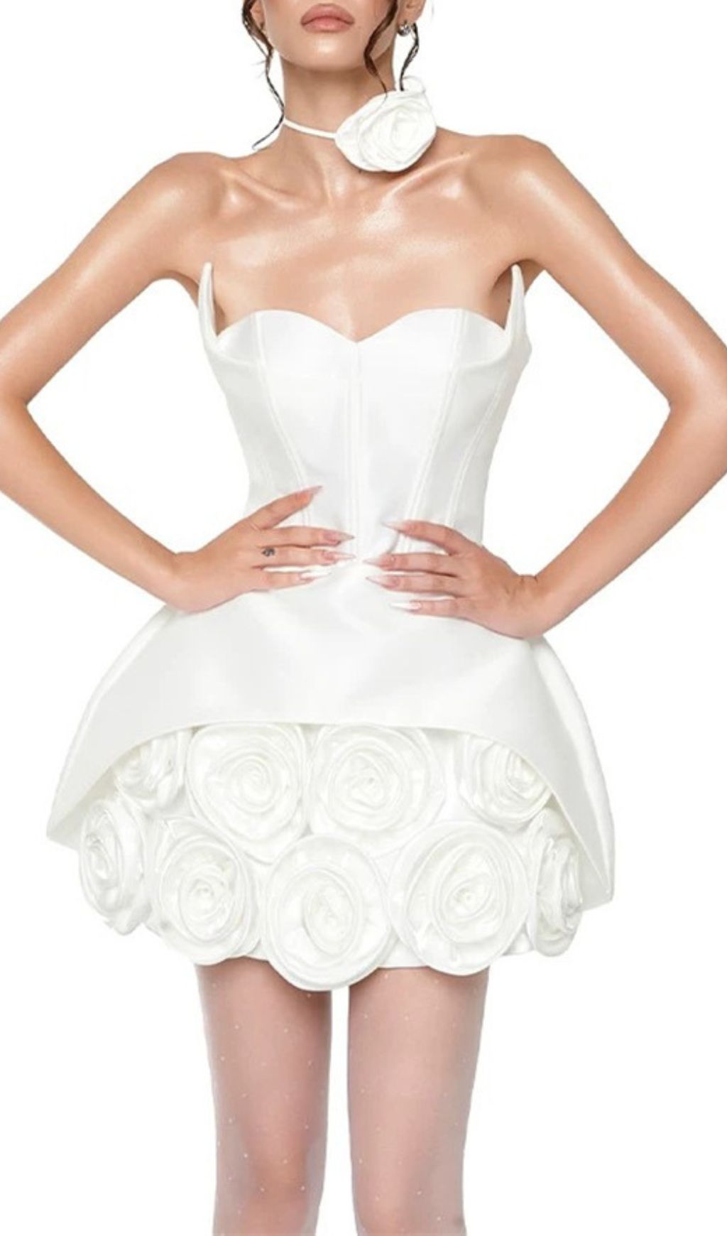 WHITE STRAPLESS CORSET FLOWER MINI DRESS - OWNCI WHITE STRAPLESS CORSET FLOWER MINI DRESS - OWNCI