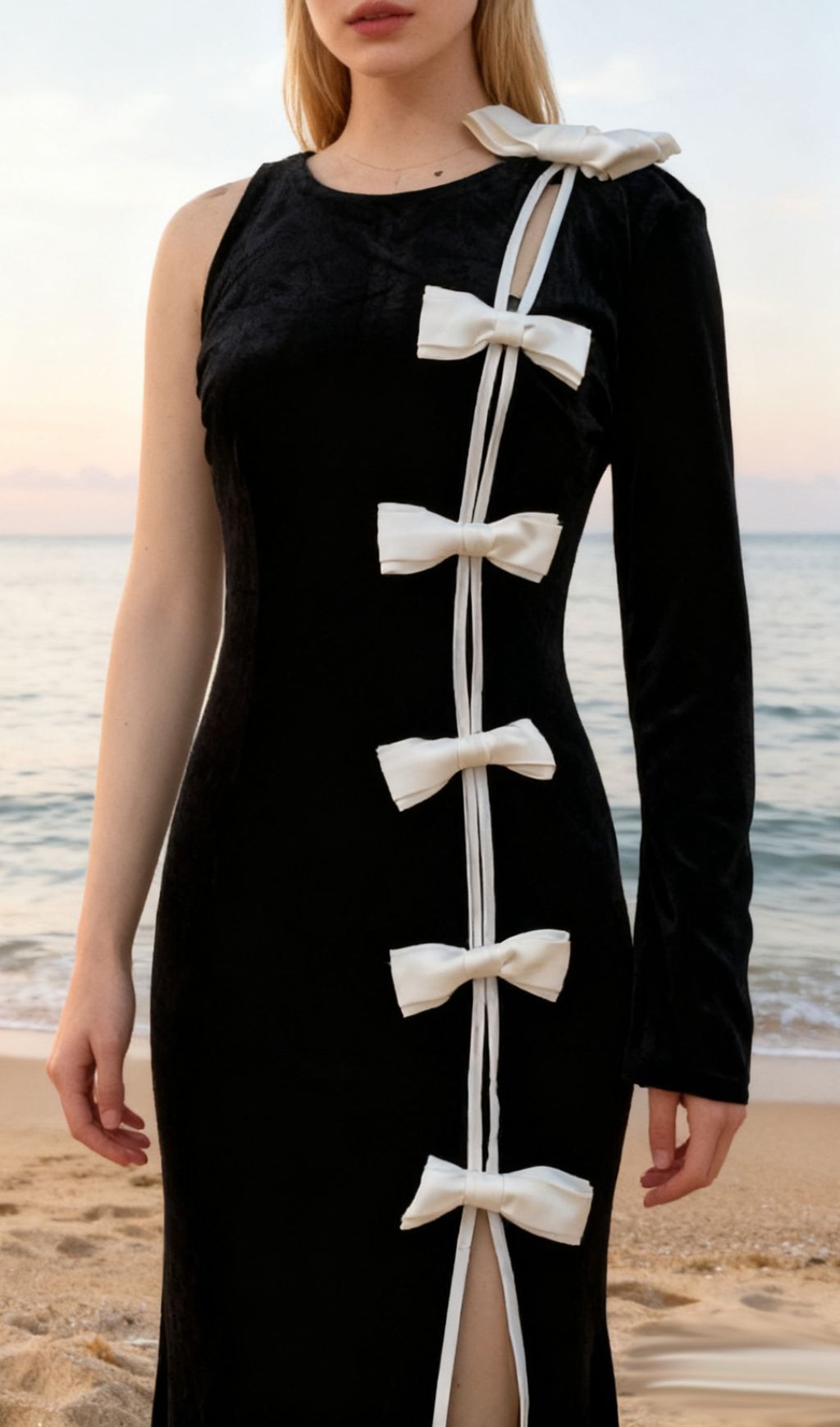Fashionslee Women Joyce Black One Sleeve Bow Maxi Velvet Dress