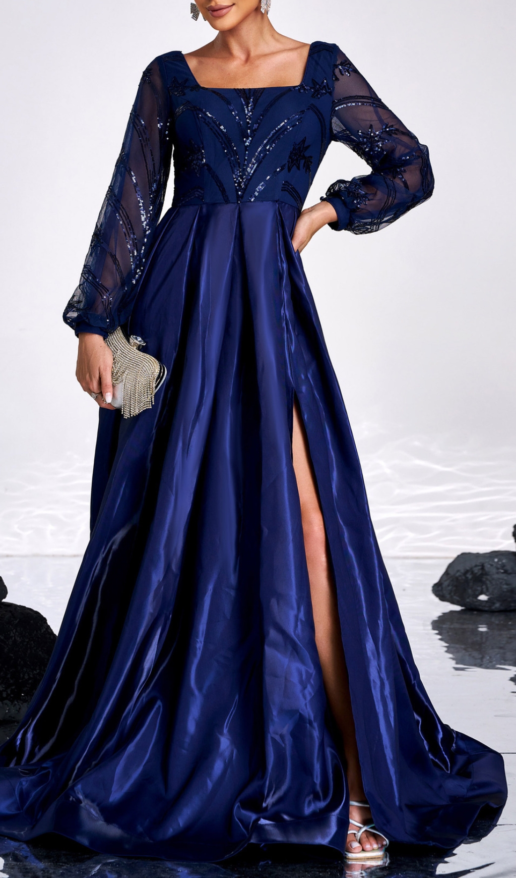Fashionslee Women Cruise Blue Long Sleeve Square Neck Maxi Dress