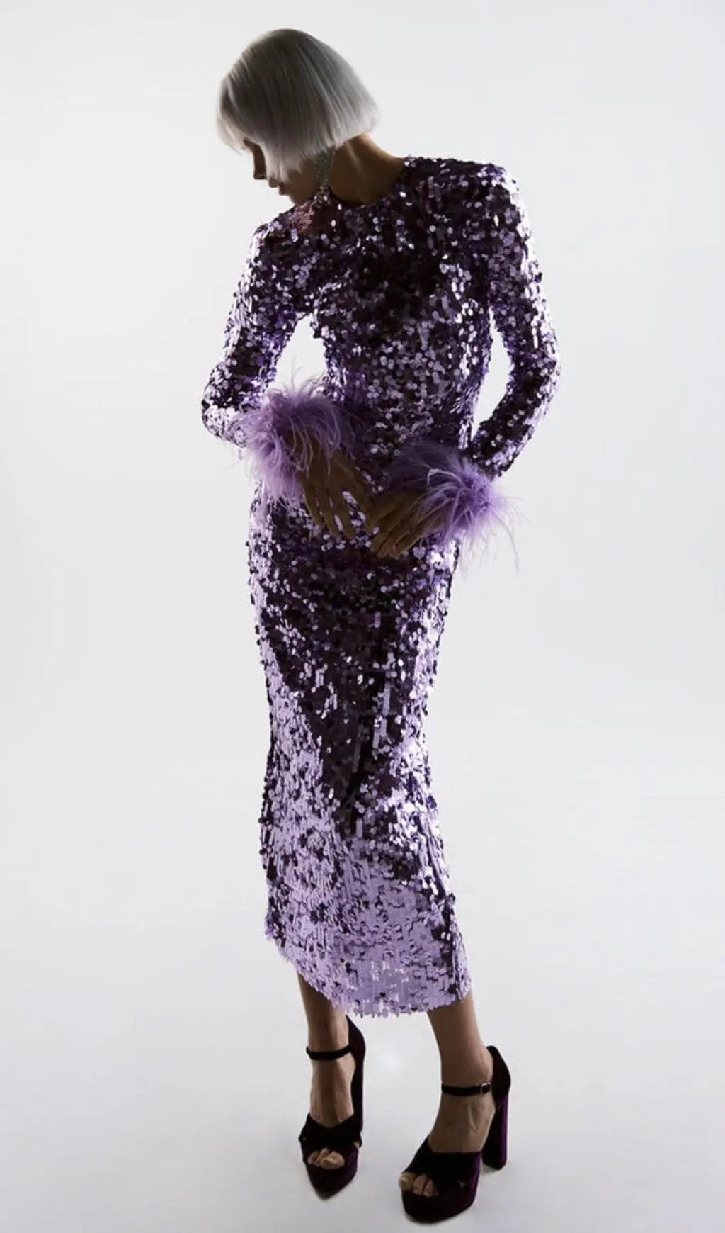 e01506334ab2f5dc94fd31e51d70db28.jpeg Fashionslee Women Sequin Patchwork Plush Cuff Dress In Purple