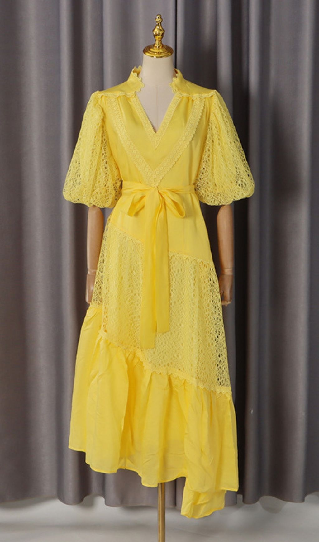Fashionslee Women Klara Yellow Puff Sleeve Lace Midi Dress