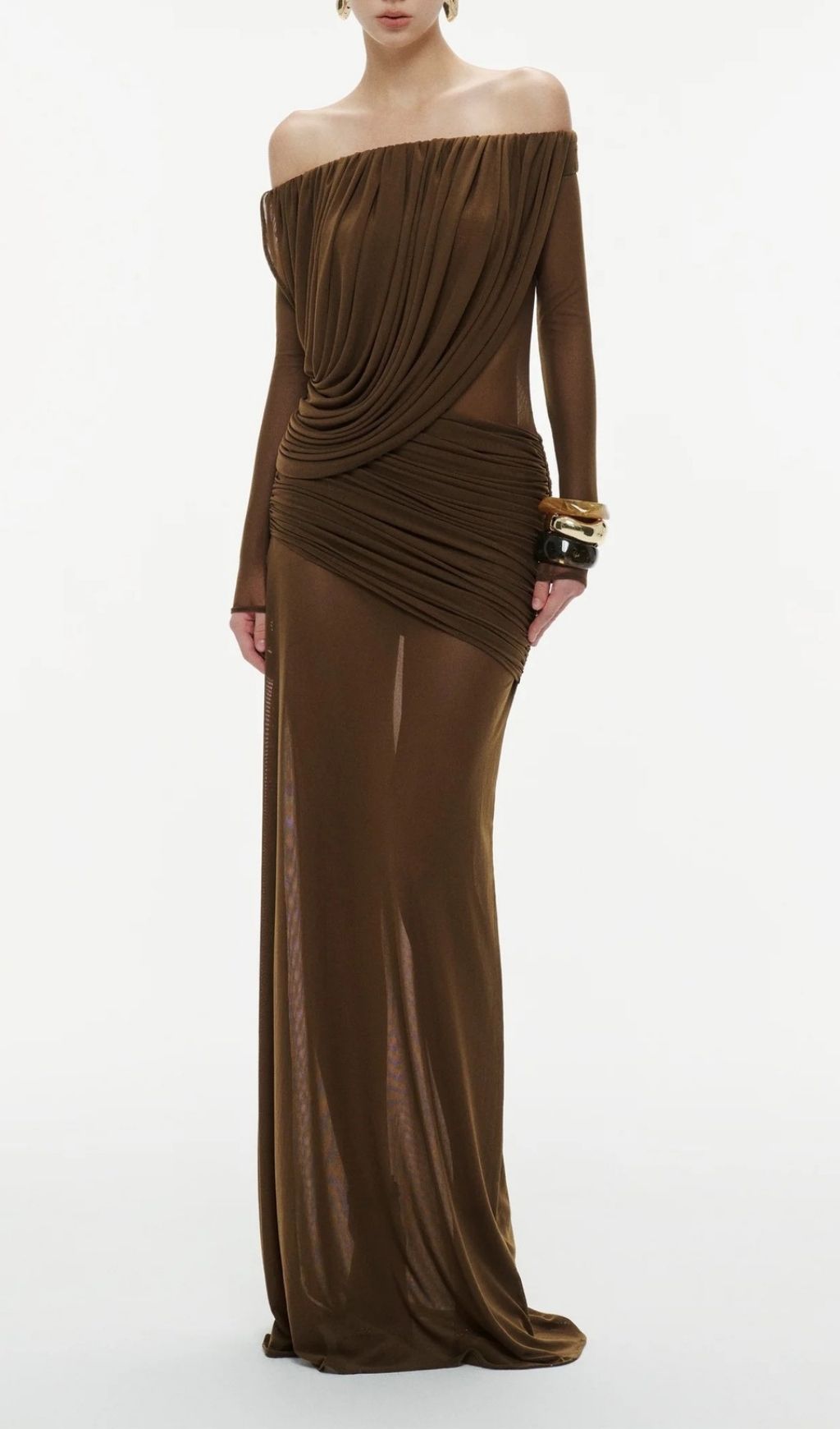 Fashionslee Women Kalinda Brown Pleated Off-Shoulder Mesh Maxi Dress
