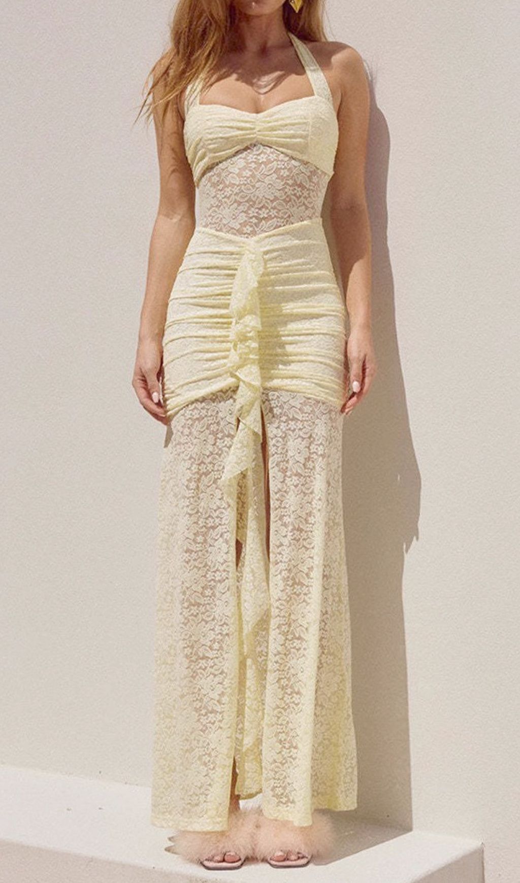 Fashionslee Women Fusayo Yellow Halter Ruched Lace Maxi Dress