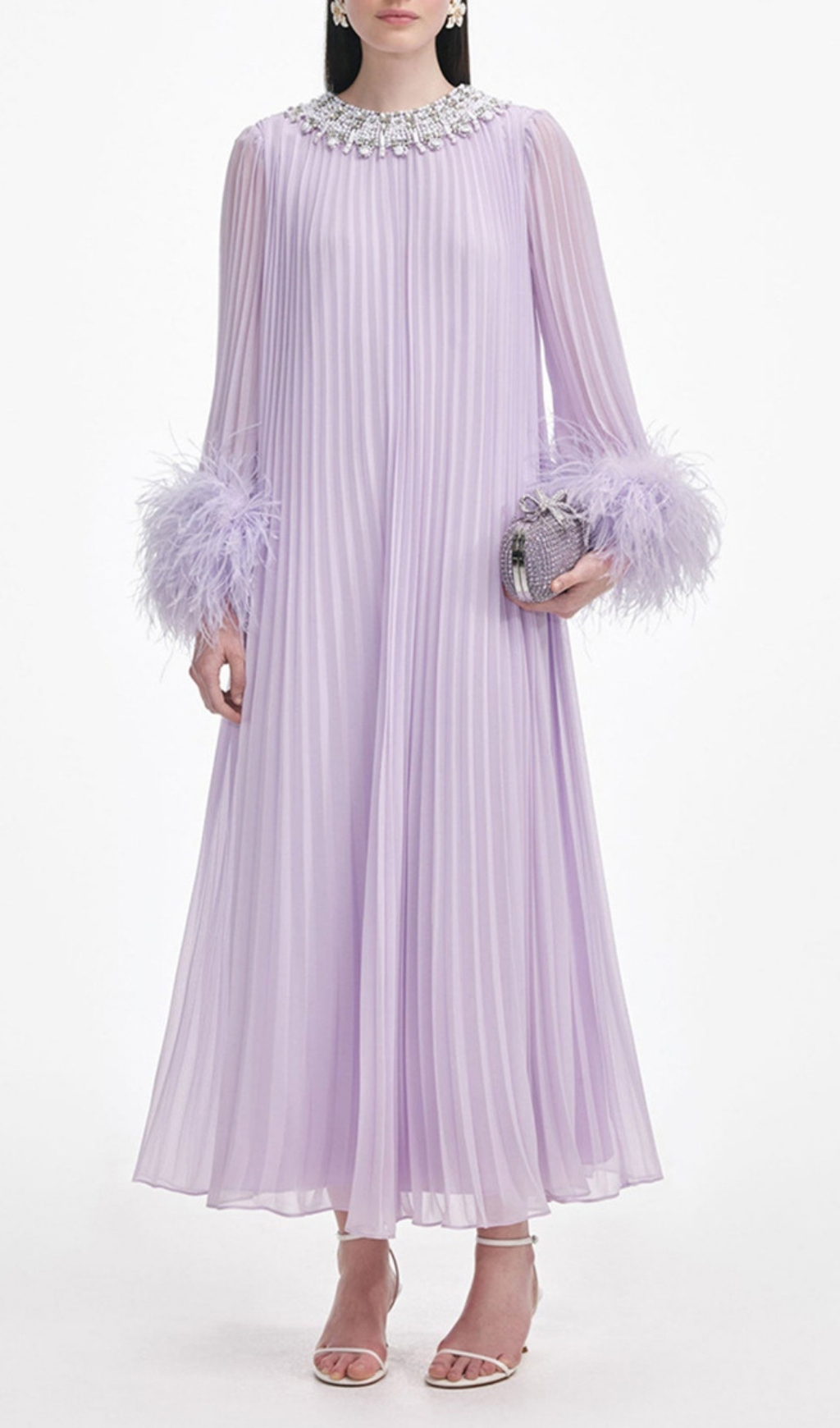 e0866ba715ad53388116207838503794.jpg Fashionslee Women Felipe Embellished Feather Pleated Maxi Dress