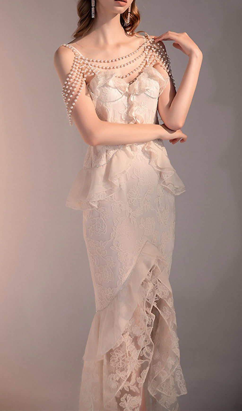 Fashionslee Women Alta Lace Ruffes Pearl Dress