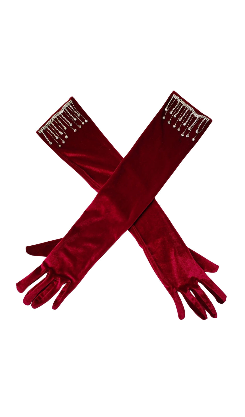 Fashionslee Women Velvet Rhinestones Long Gloves With Fringe