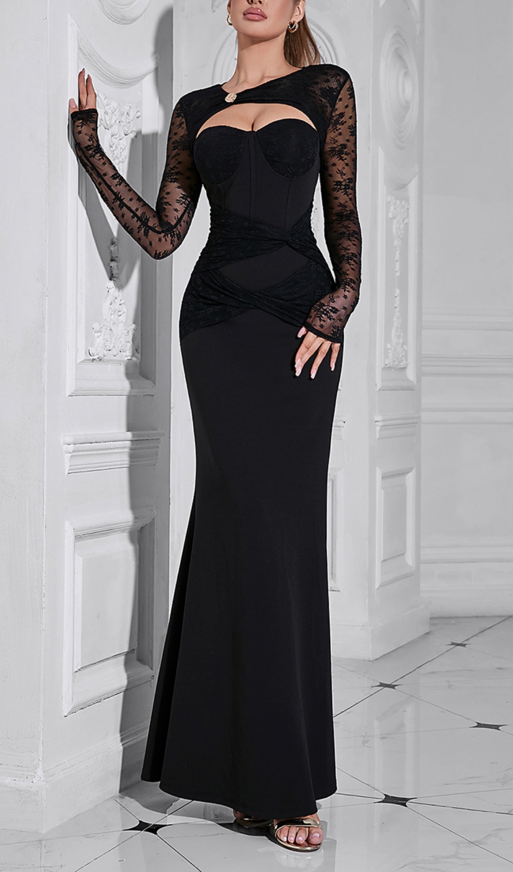 Fashionslee Women Brigit Black Lace Long Sleeve Maxi Dress