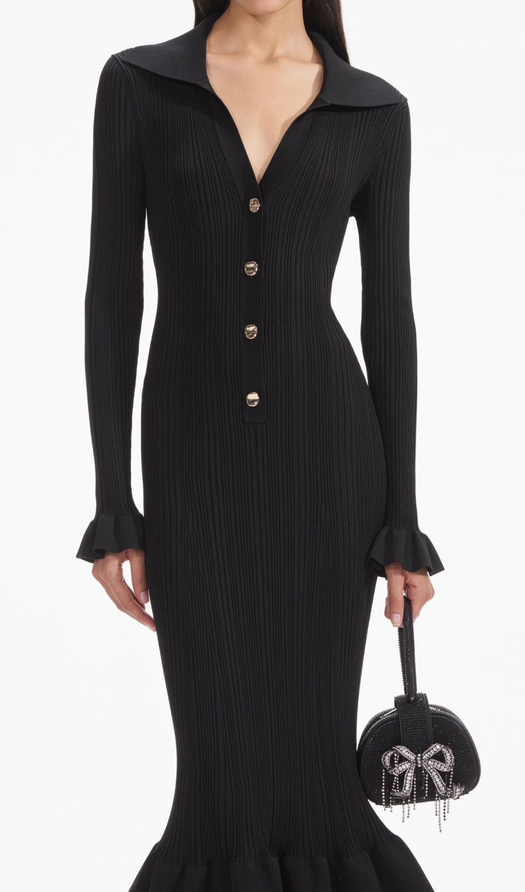 e129038ed3e98130ed534ec50d3fee3d.jpg Fashionslee Women Black Ribbed Knit Fluted Midi Dress