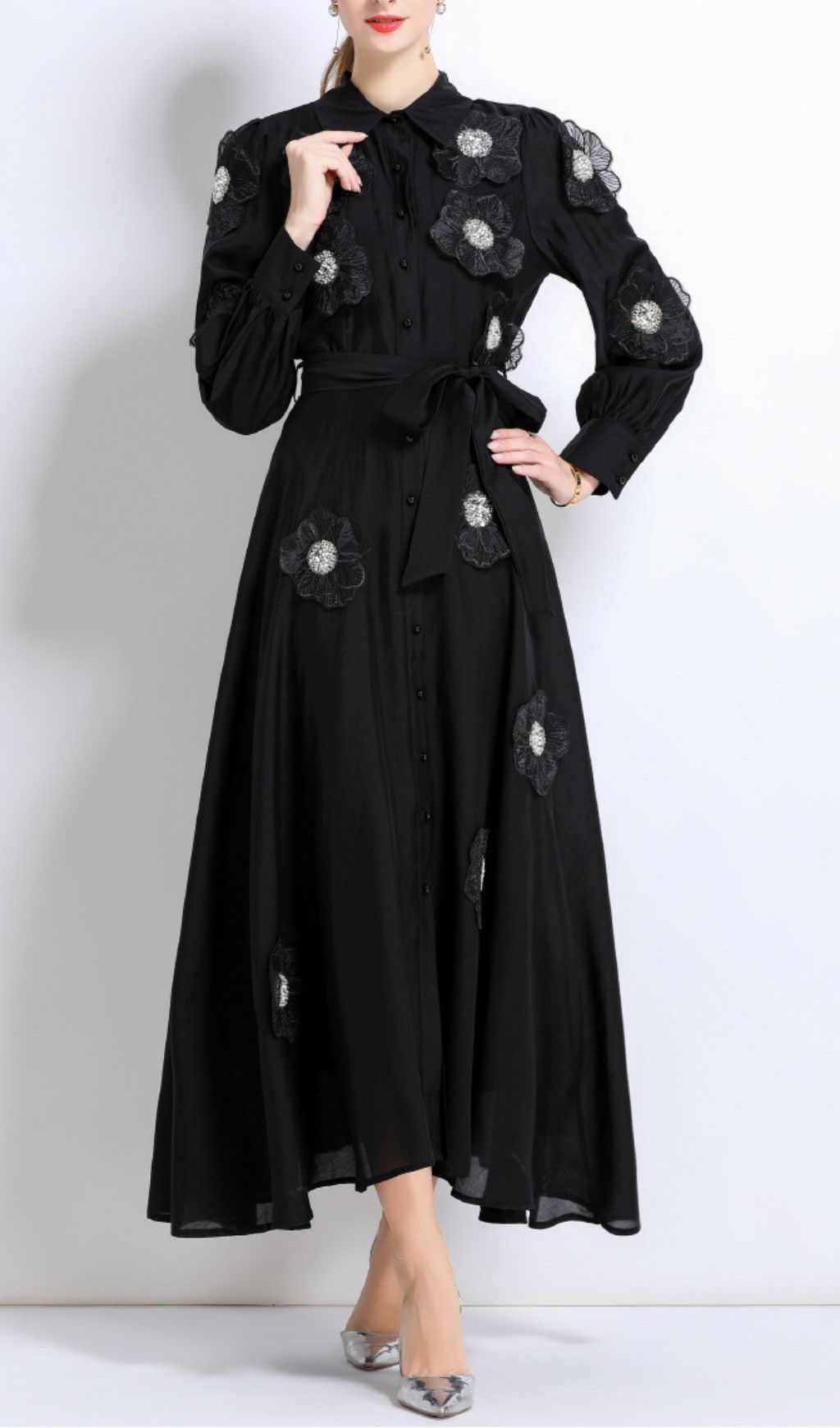 Fashionslee Women Holly Black Flower Long Sleeve Midi Dress