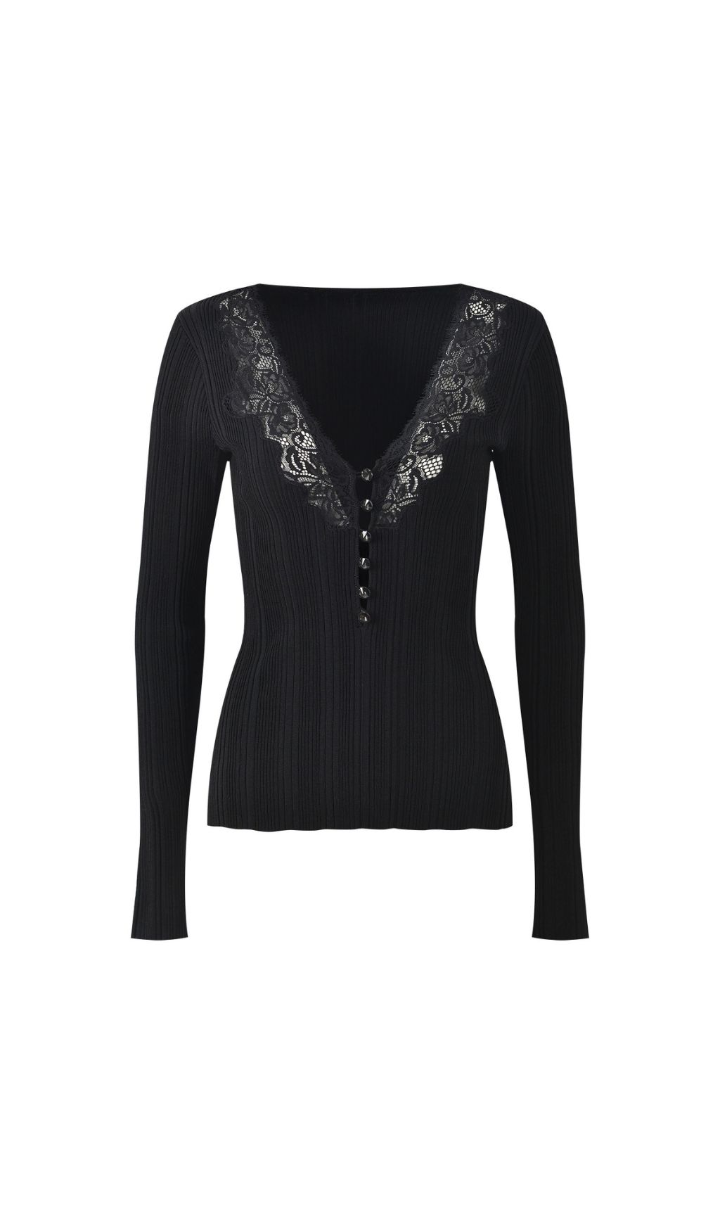 TRENDING BLACK V-NECK LACE KNIT TOP - OWNCI