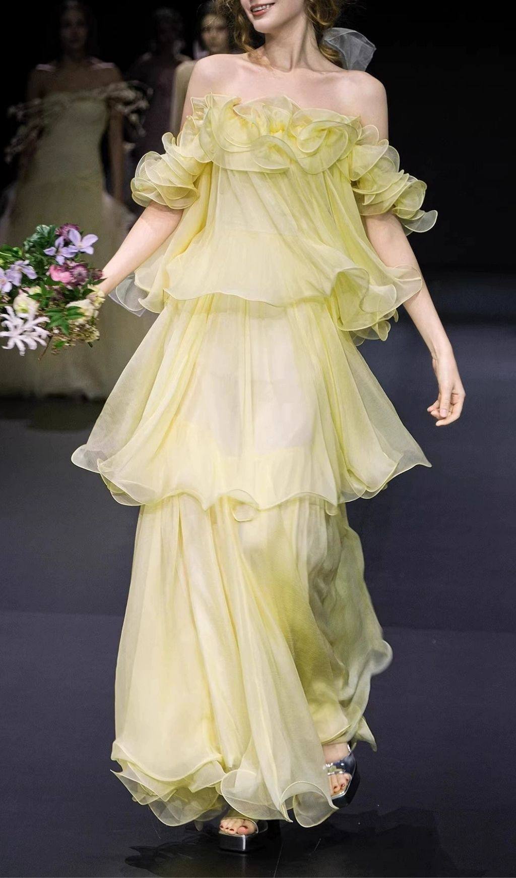 Fashionslee Women Kenadia Yellow Off-Shoulder Ruffle Maxi Dress