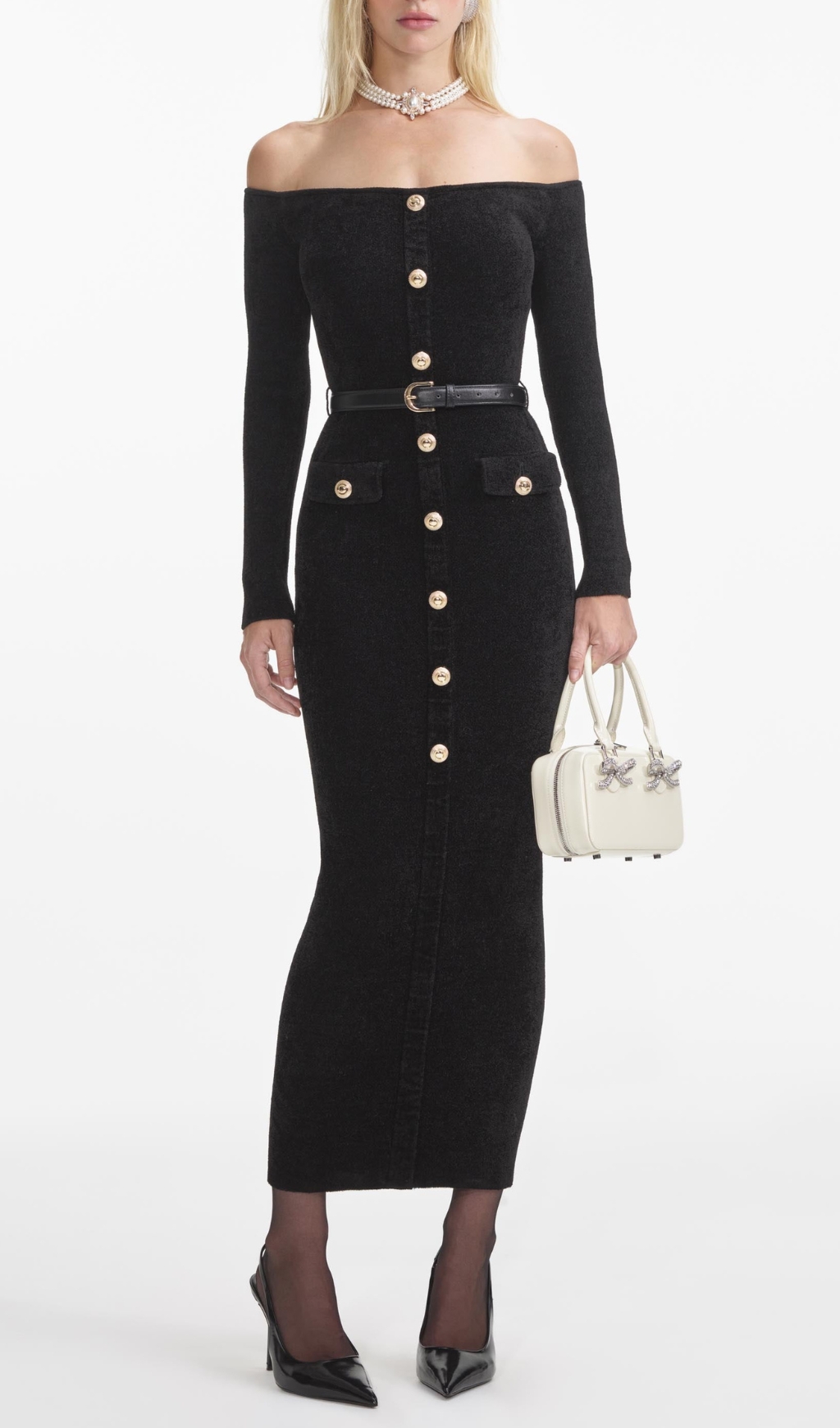 Fashionslee Women Black Chenille Knit Midi Dress