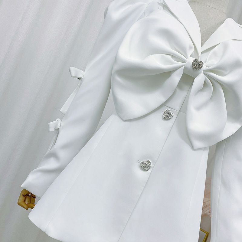 Fashionslee Women White Bow Waist Suit Dress