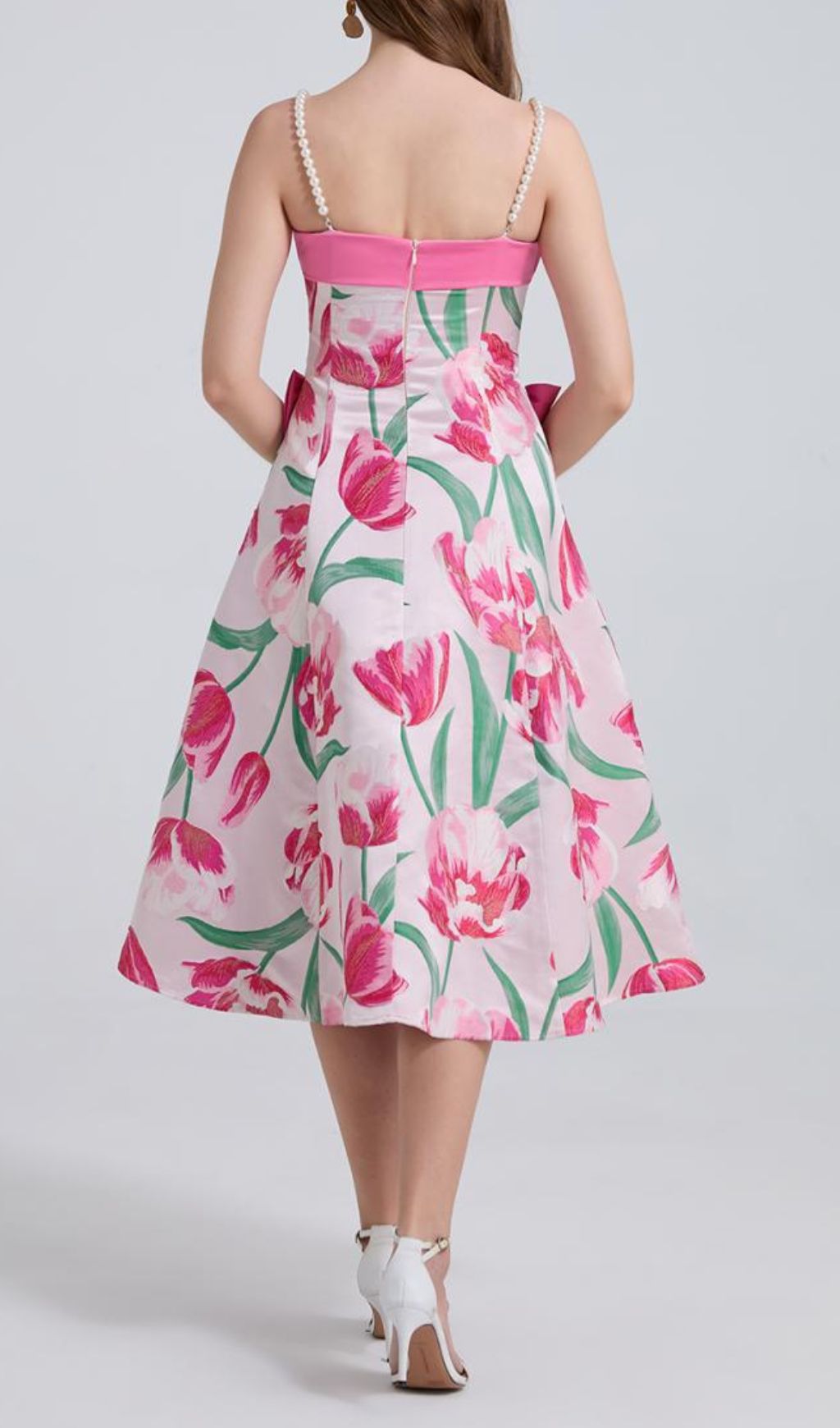 Fashionslee Women Faylinn Pink Flower Pearl Midi Dress