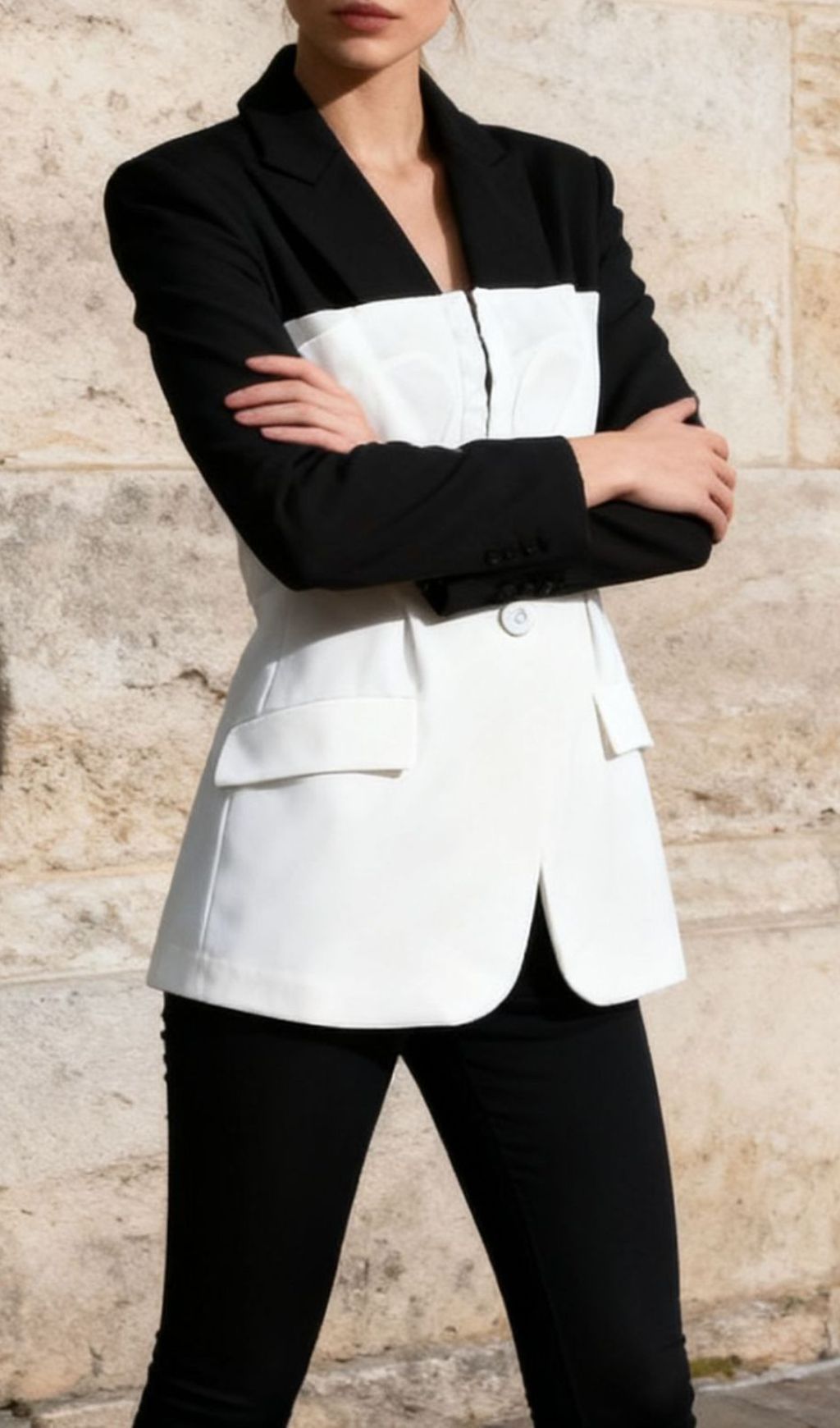 e1e4a01e32b3f51d3231f985fb2502c2.jpg Fashionslee Women Idania Black White Patchwork Blazer