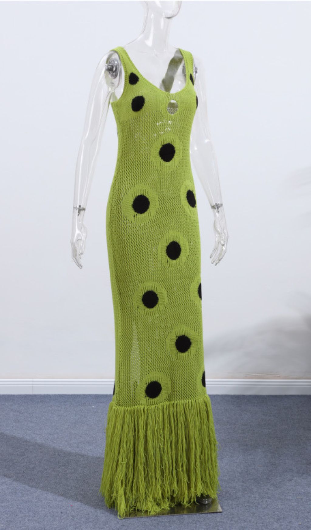 Fashionslee Women Gaelion Dot Fringe Knitted Midi Dress In Green