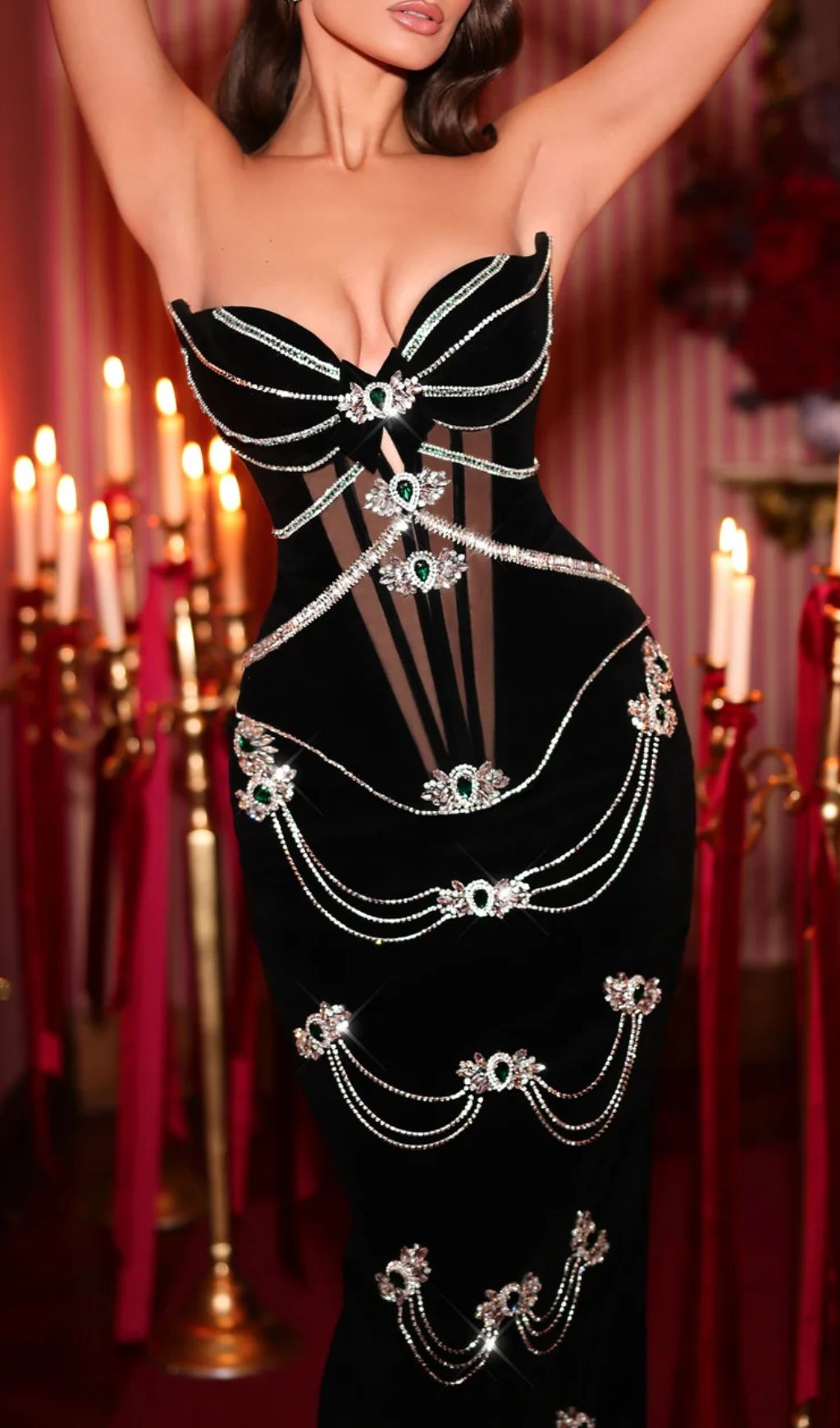 Fashionslee Women Fatima Black Strapless Diamond Bandage Maxi Dress