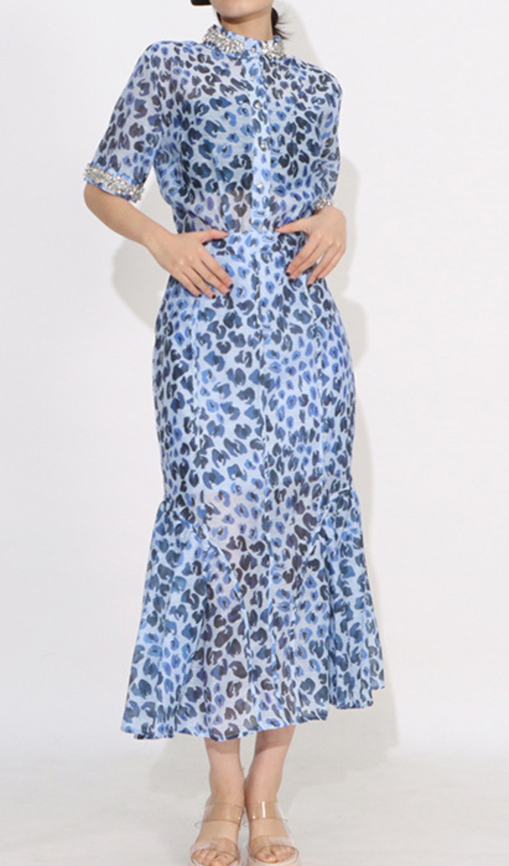 Fashionslee Women Dympna Blue Printed Diamond Midi Dress