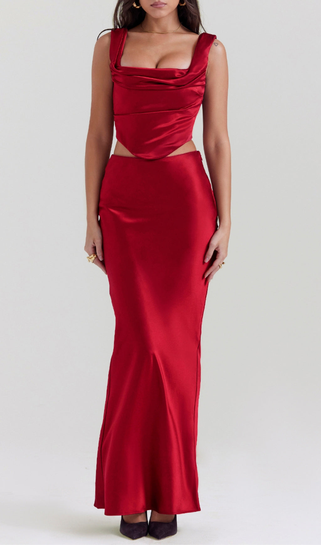 Fashionslee Women Satin Ruched Two Pieces Set In Red