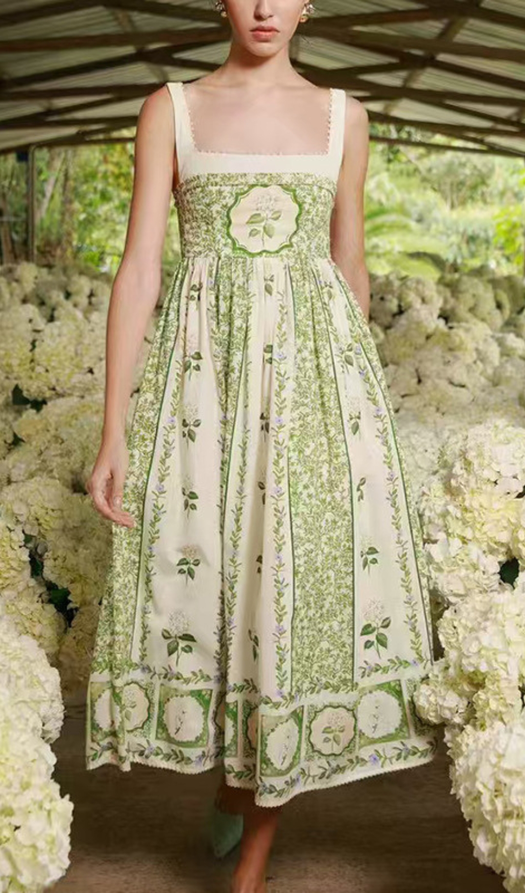 Fashionslee Women Eleazar Green Flower Printed Midi Dress