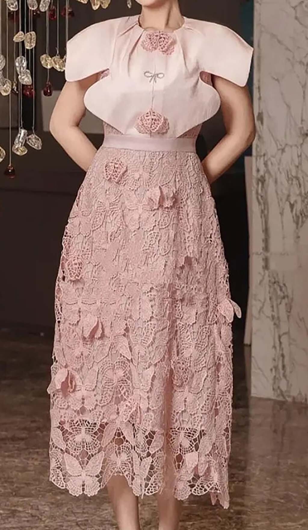 Fashionslee Women Butterfly Embroidery Cloak Sleeve Midi Dress In Pink