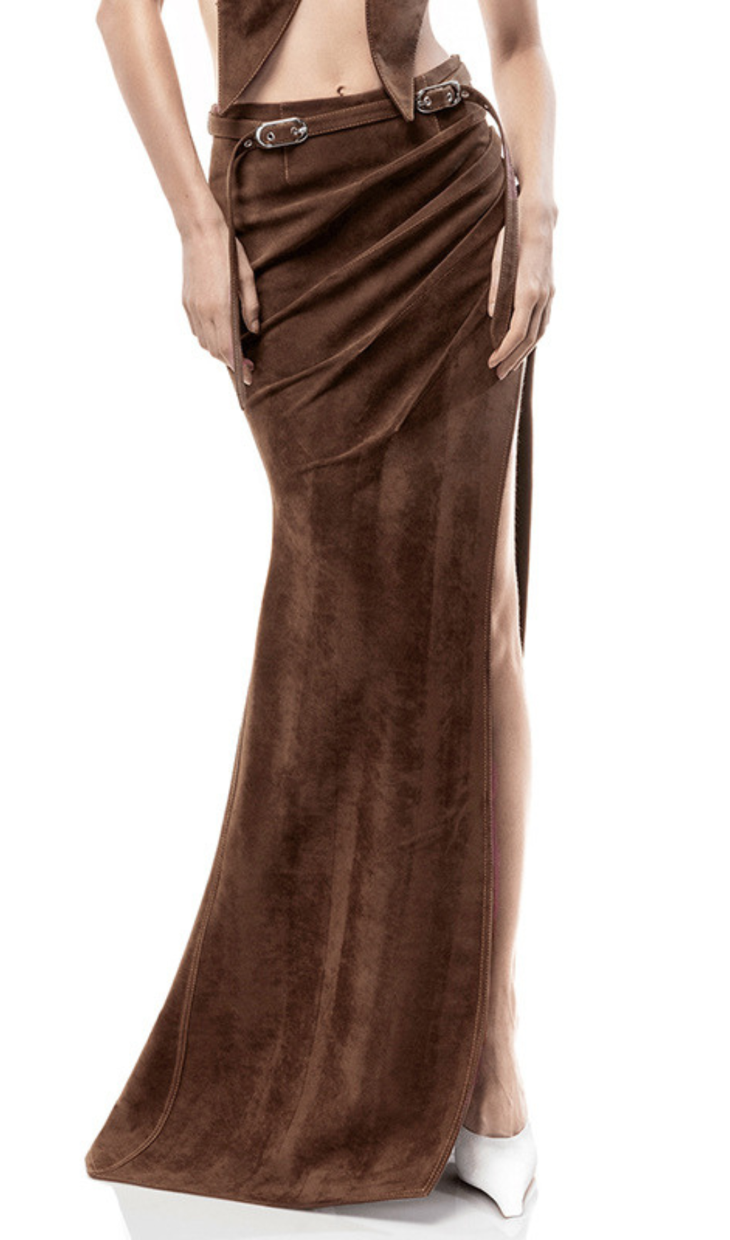 Fashionslee Women Giovana Brown Ruched Slit Maxi Skirt