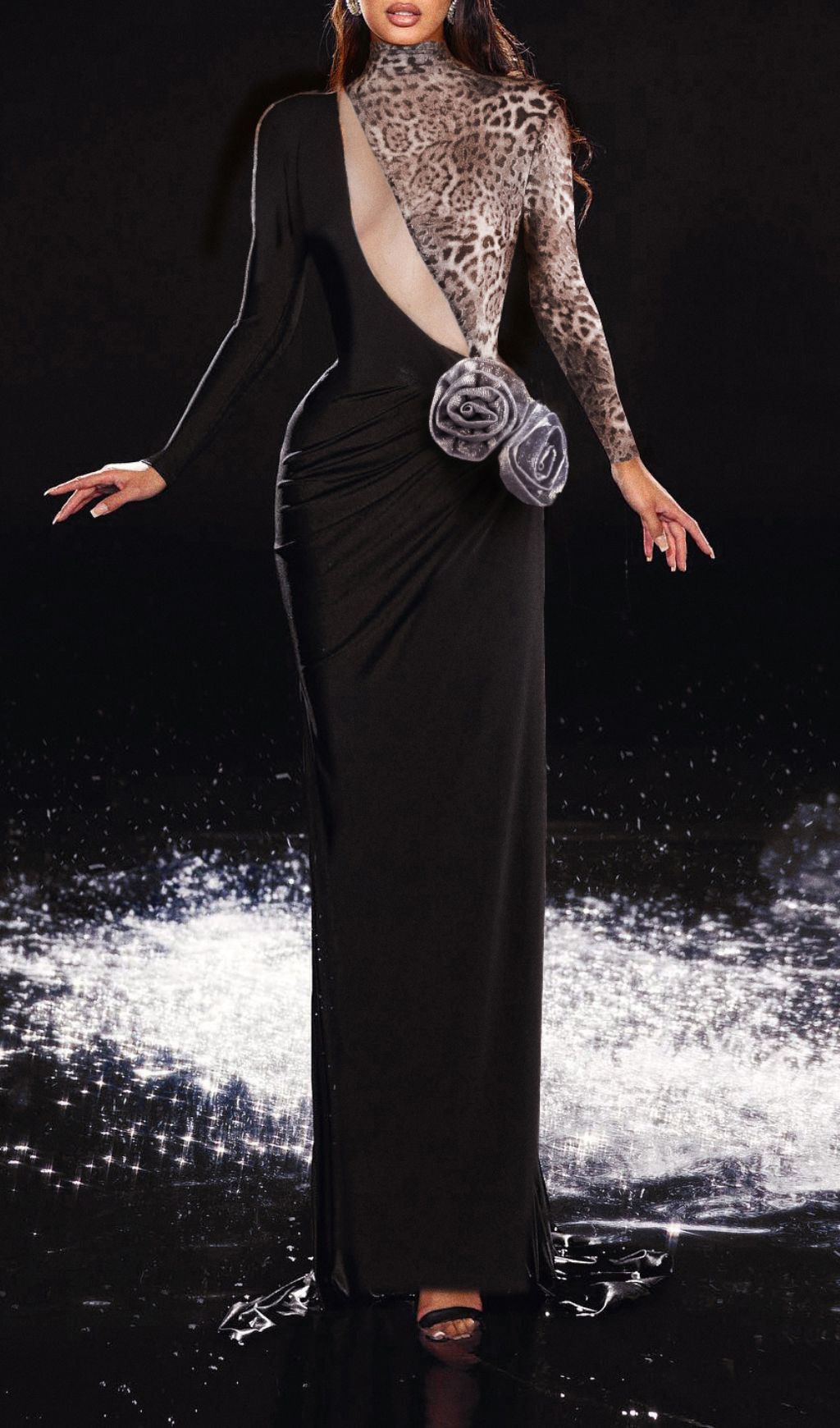 Fashionslee Women Faye Black Leopard Flower Maxi Dress