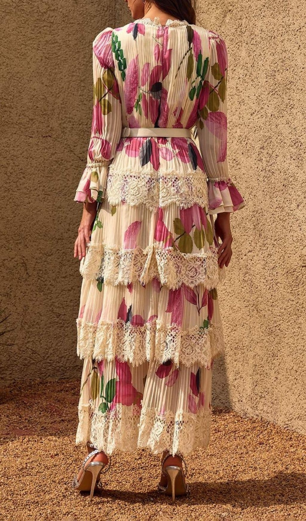 Fashionslee Women Charleen V Neck Floral Lace Tiered Maxi Dress