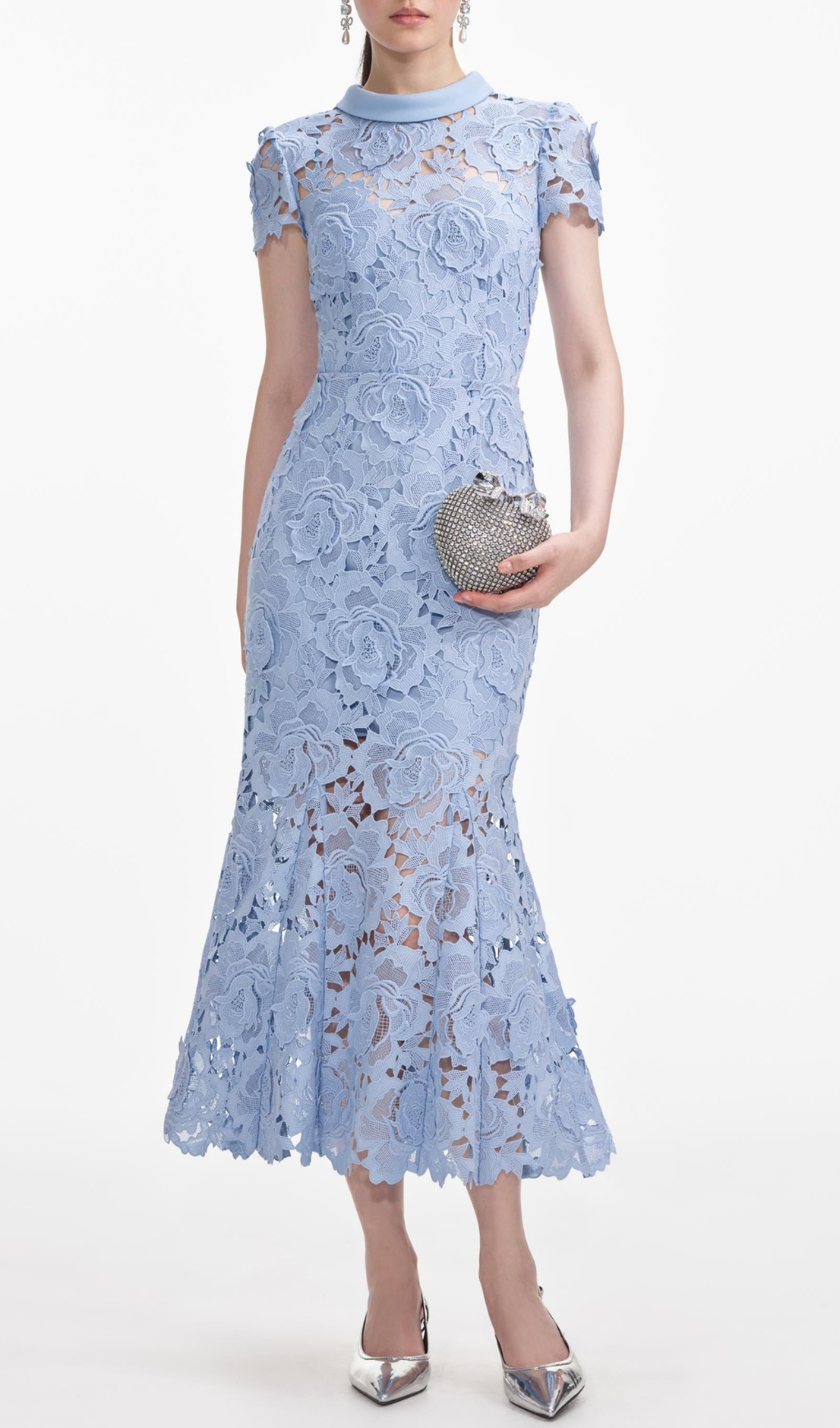 Fashionslee Women Blue Flower Lace Contrast Collar Midi Dress
