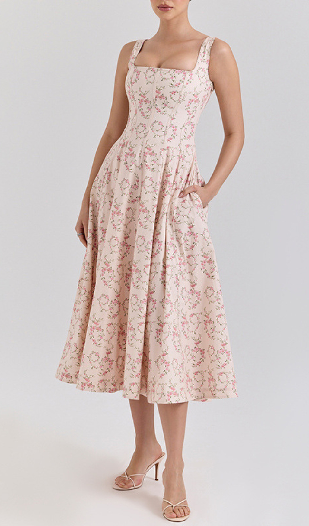 e4ad47a37440c9963732d8ae6973c8e1.jpg Fashionslee Women Erté Square Neck Floral Printed Midi Dress