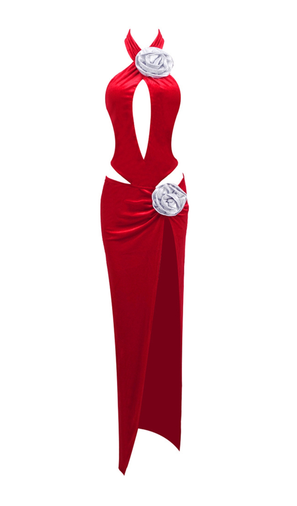 Fashionslee Women Badar Red Flower Cutout Velvet Maxi Dress