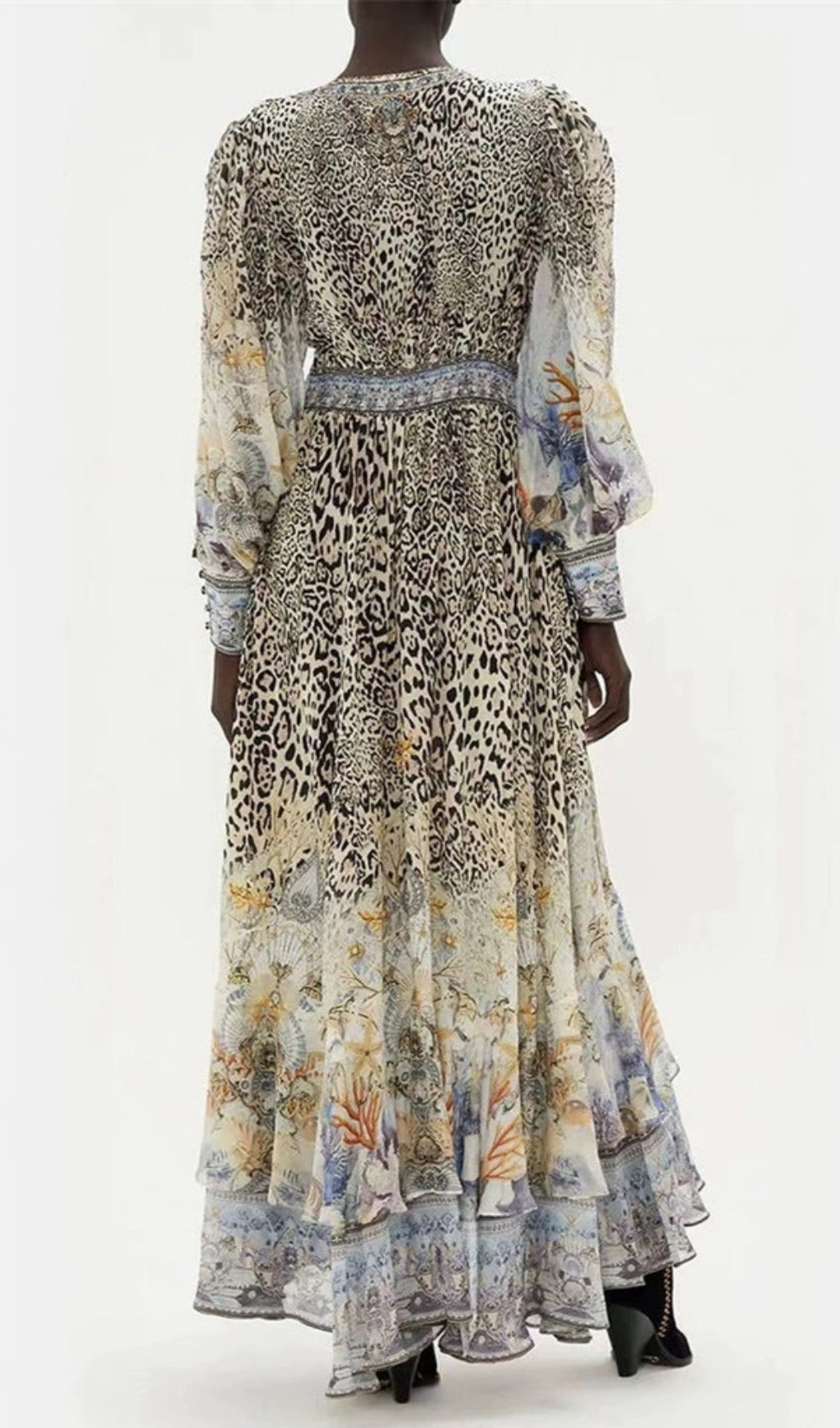 Fashionslee Women Long Sleeve Deep V-Neck Leopard Pattern Wrapped Waist Maxi Dress