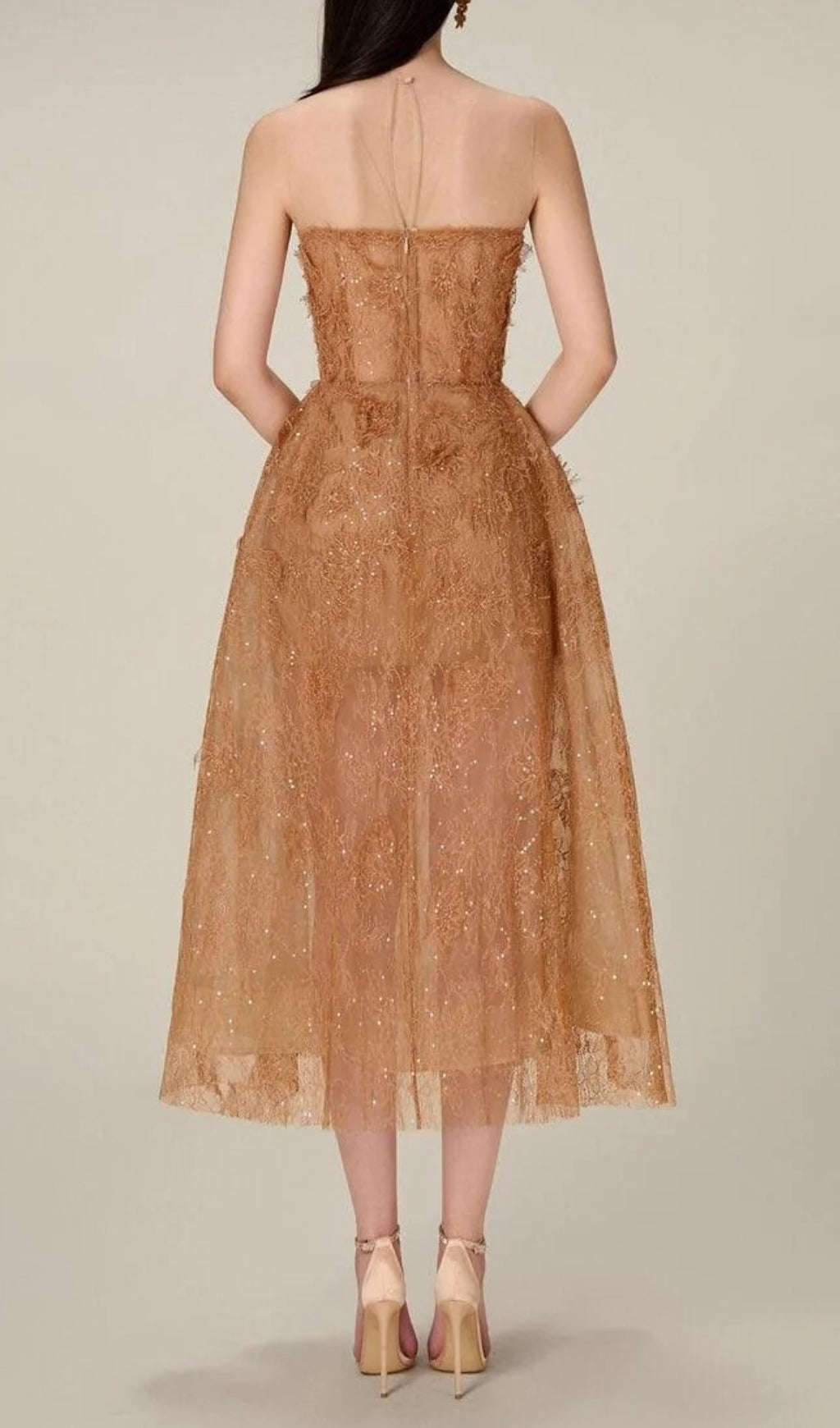 Fashionslee Women Allyson Caramel Floral Lace Embroider Midi Dress