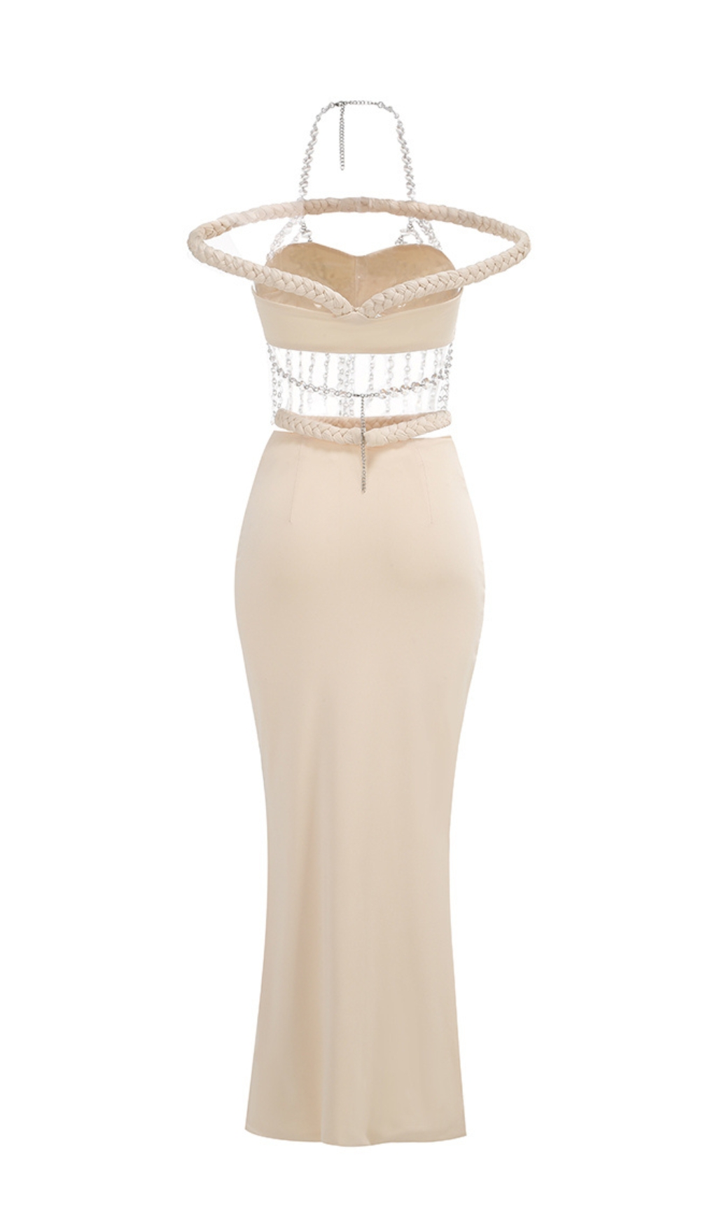 Fashionslee Women Dominica Halter Crystal Bardot Maxi Dress Ivory