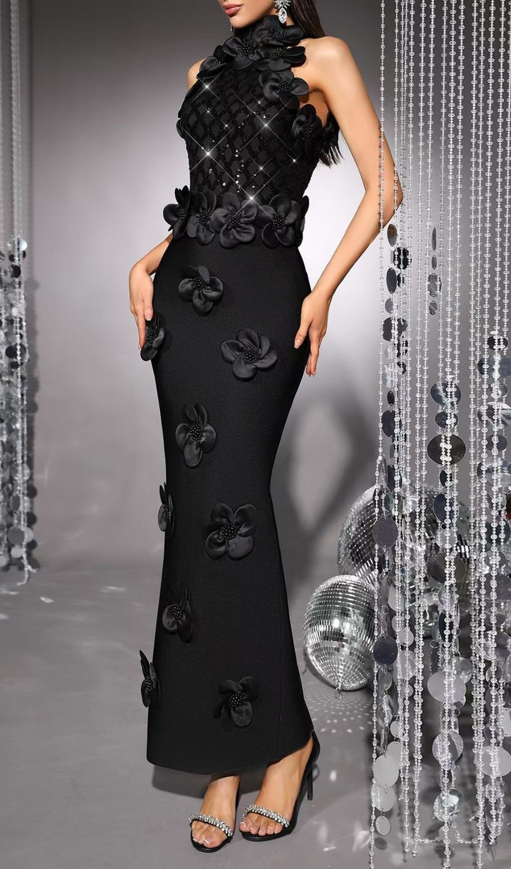 Fashionslee Women Kendi Black Halter Flower Sequin Bandage Maxi Dress