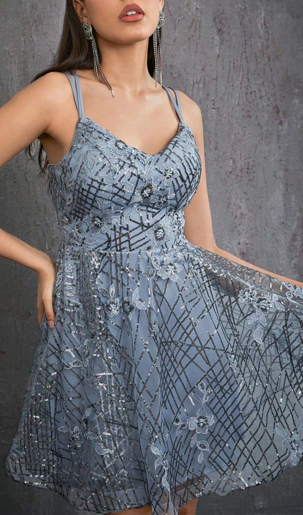 Fashionslee Women Harumi Grey Strappy Flower Embroidery Mini Dress