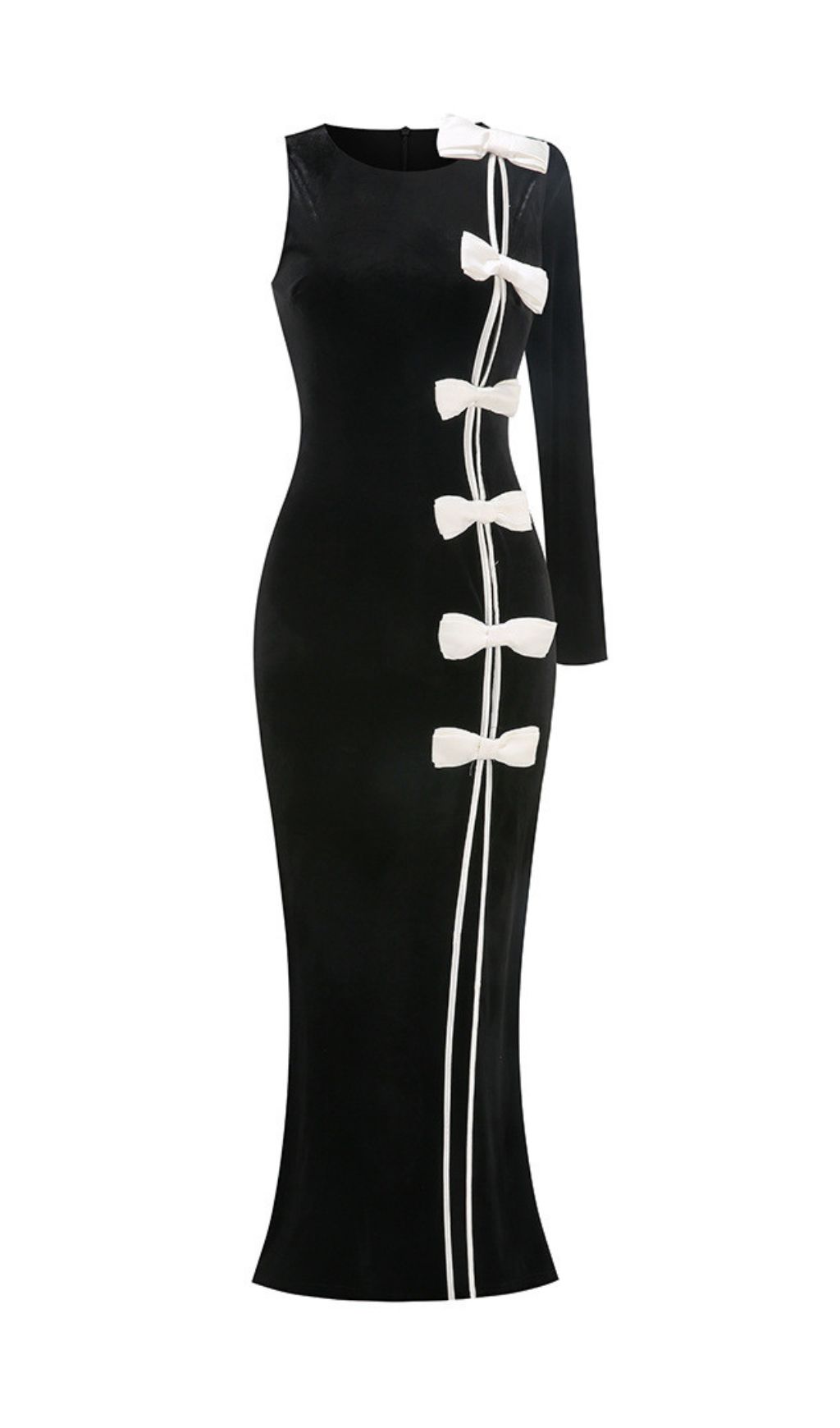 e5963f19859cf6611c810db4db6ee5b3.jpg Fashionslee Women Joyce Black One Sleeve Bow Maxi Velvet Dress