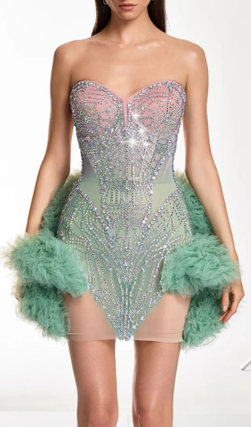 Fashionslee Women Dalinda Tulle Trimmed Crystal Mesh Dress