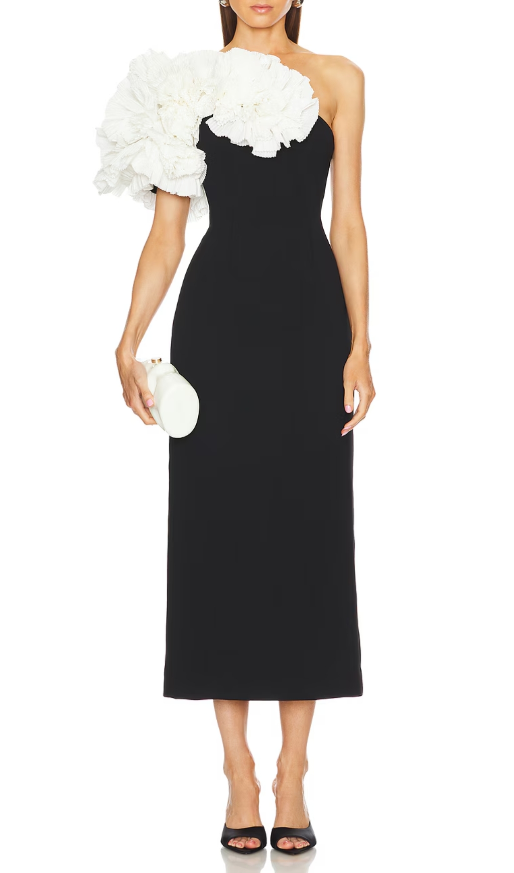 Fashionslee Women One Shoulder Ruffle Detail Maxi Dress Black White