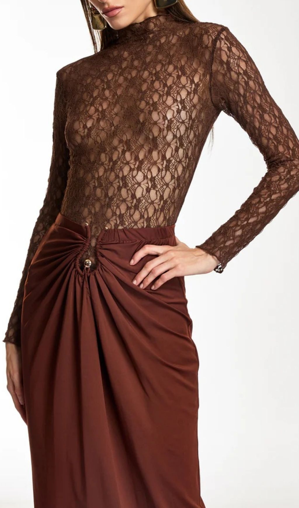 Fashionslee Women Darcila Long Sleeve Lace Ruched Skirt Set