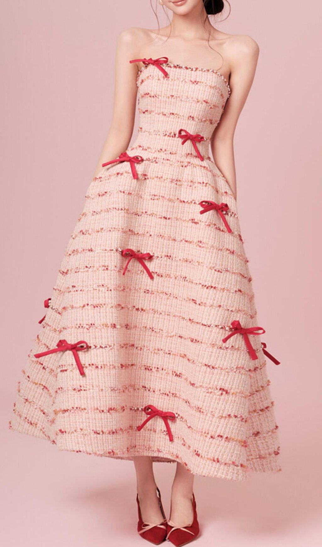 Fashionslee Women Ganya Strapless Bow Beaded Midi Dress