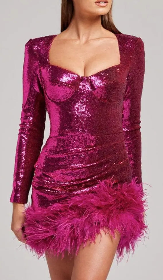 Fashionslee Women Sequin Feather-Trim Long Sleeve Mini Dress